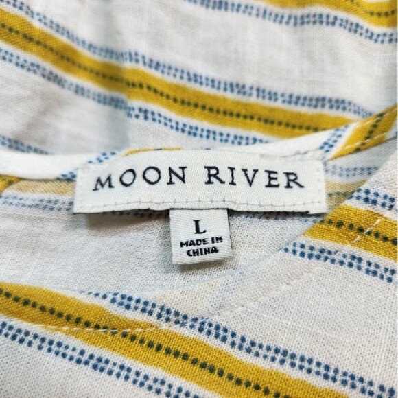 Anthro Moon River Linen Puffed Sleeve Top Crop Elastic Waist Yellow Stripe L - Picture 11 of 14